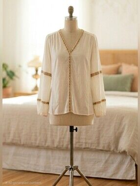 Spartina 449 Ivory Embroidered Split V Neck Tunic Blouse Size S
